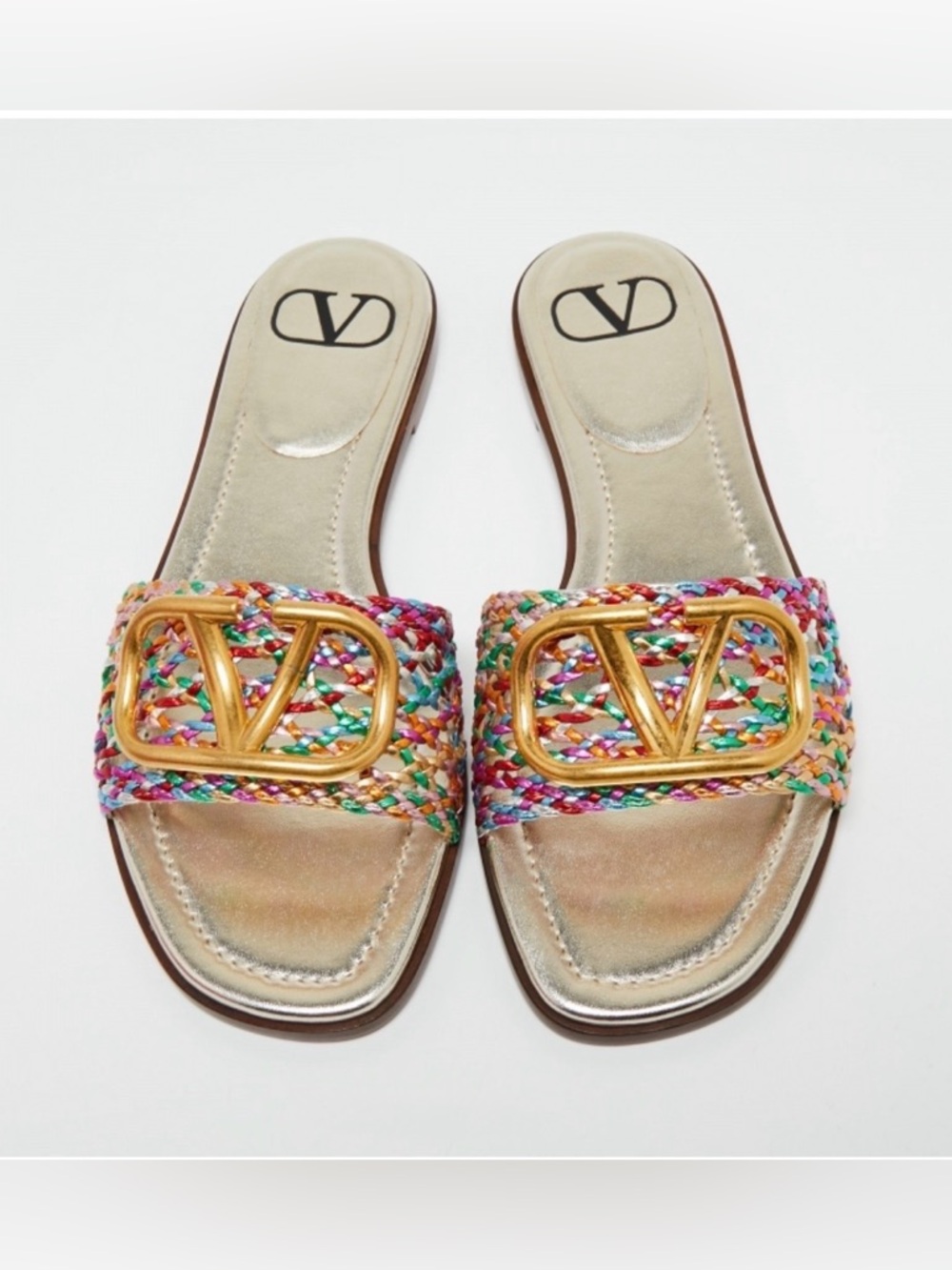 Valentino Gold-Logo Multicolor Braided Leather VLOGO Flat Slides Sandals size 8